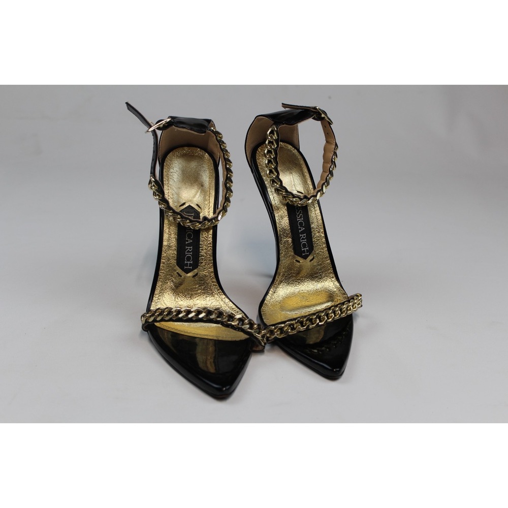 Jessica Rich Monaco Black Patent Leather Stiletto Heel Gold Chain Women EUR 37^